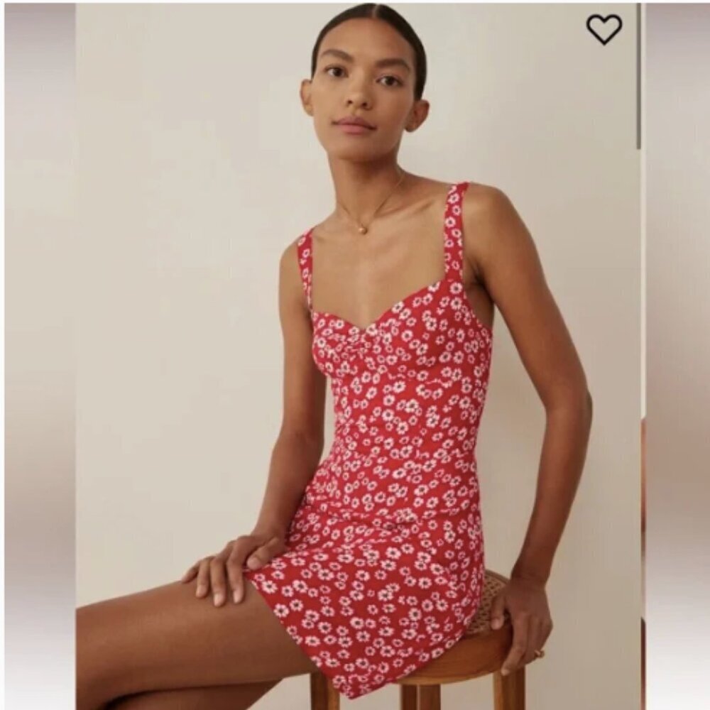 Reformation Baldwin Dress Red Daisy Print Mini Dress 4 - Picture 3 of 14